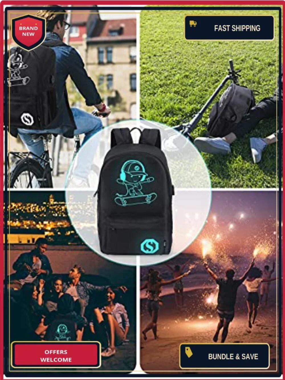 Anime Luminous School Backpack with USB Port, Anti-Theft Lock, Sling Bag &